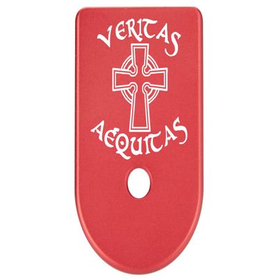 NDZ Performance Magazine Base Plate Finger Extension for Glock Gen 1-5 9mm 40 .357 SIG, Laser Engraved Red Anodized Aluminum Spiritual Images - Veritas Aequitas 1