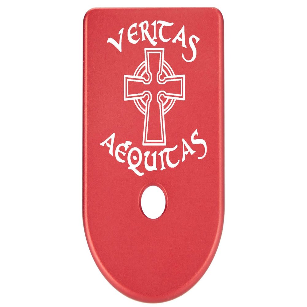 NDZ Performance Magazine Base Plate Finger Extension for Glock Gen 1-5 9mm 40 .357 SIG, Laser Engraved Red Anodized Aluminum Spiritual Images - Veritas Aequitas 1