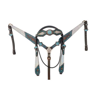 MOUSM Premium Turquoise Silver White Argentina Cow Leather Complete Tack Set - Holographic Snake Print and Hand-Carving Decor