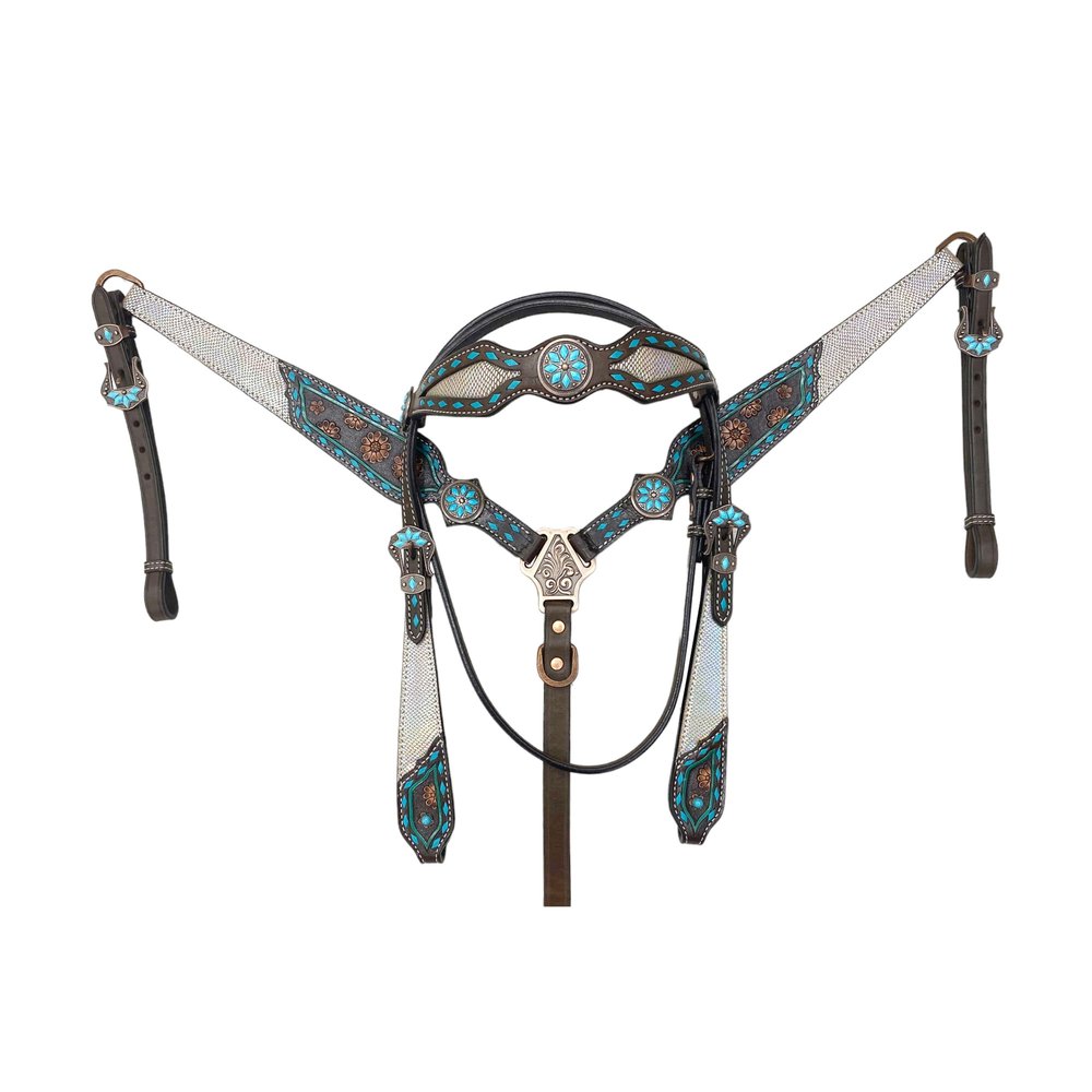 MOUSM Premium Turquoise Silver White Argentina Cow Leather Complete Tack Set - Holographic Snake Print and Hand-Carving Decor