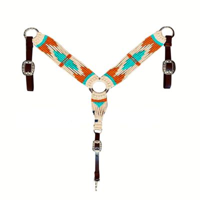 Cheval's International Western Mohair Horse Breast Collar, Handmade Premium Wool & Leather Equestrian Tack, Adjustable, Durable & Comfortable Saddle Breastplate for Horses - Beige, Orange & Aqua, Cob