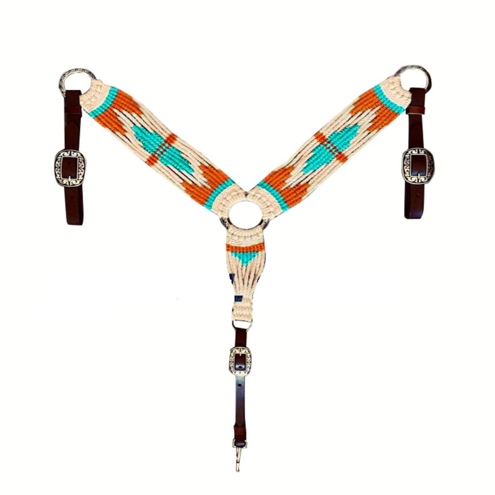 Cheval's International Western Mohair Horse Breast Collar, Handmade Premium Wool & Leather Equestrian Tack, Adjustable, Durable & Comfortable Saddle Breastplate for Horses - Beige, Orange & Aqua, Cob