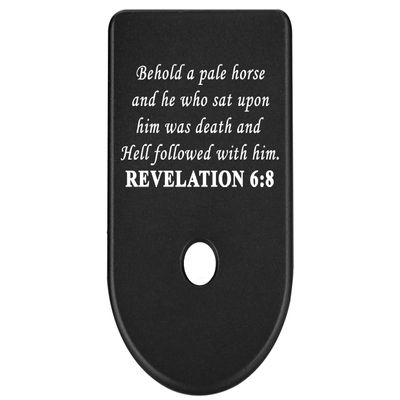 NDZ Performance Magazine Base Plate Finger Extension for Glock Gen 1-5 9mm 40 .357 SIG, Laser Engraved Black Anodized Aluminum Spiritual Images - Bible Revelations 6:8
