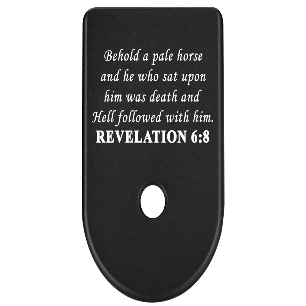 NDZ Performance Magazine Base Plate Finger Extension for Glock Gen 1-5 9mm 40 .357 SIG, Laser Engraved Black Anodized Aluminum Spiritual Images - Bible Revelations 6:8