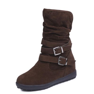 HINDOLA Women's Mid Calf Boots Comfortable Snow Warm Ankle Boots Buckle Fur Lined Outdoor Shoes Suede Anti Slip Waterproof Winter Booties