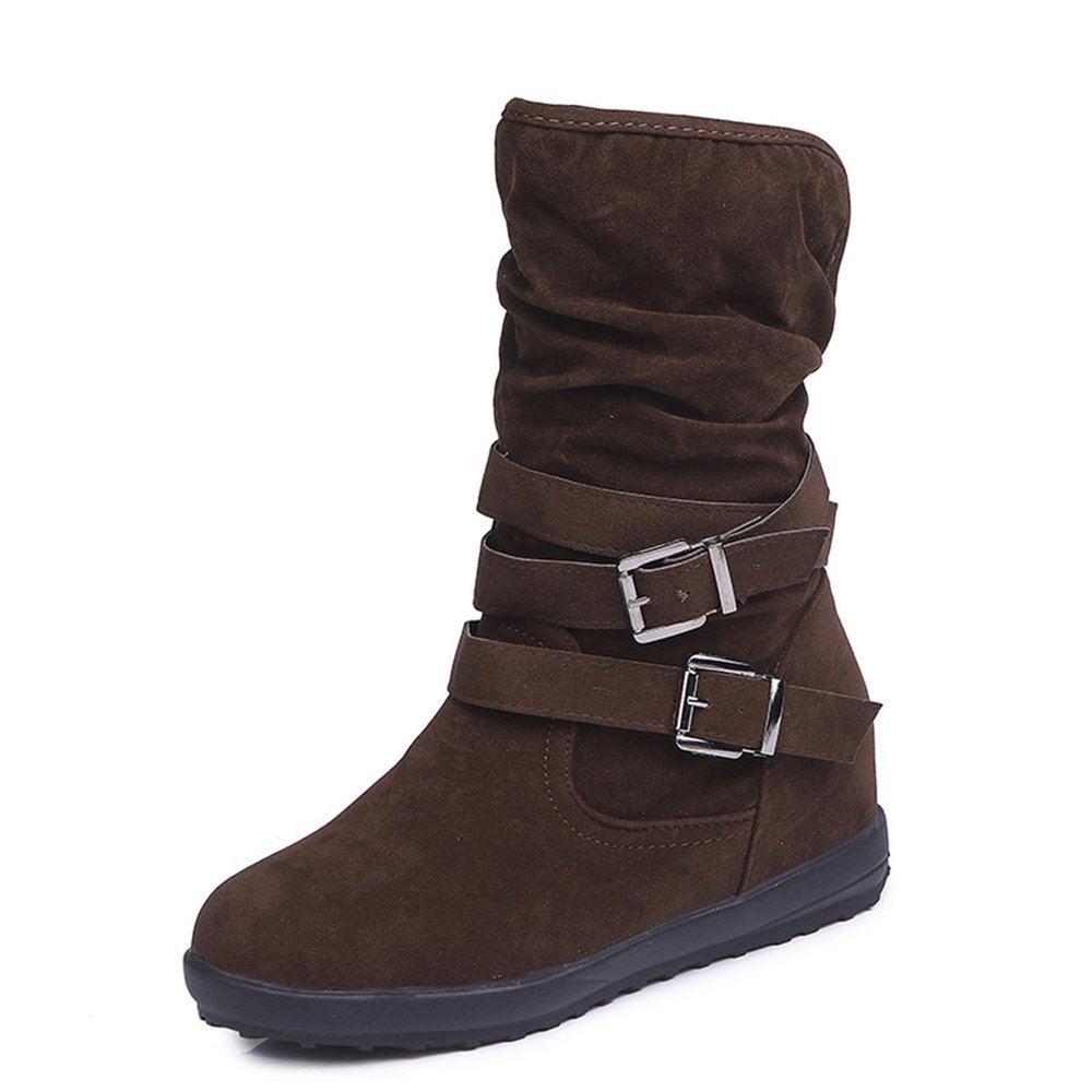 HINDOLA Women's Mid Calf Boots Comfortable Snow Warm Ankle Boots Buckle Fur Lined Outdoor Shoes Suede Anti Slip Waterproof Winter Booties