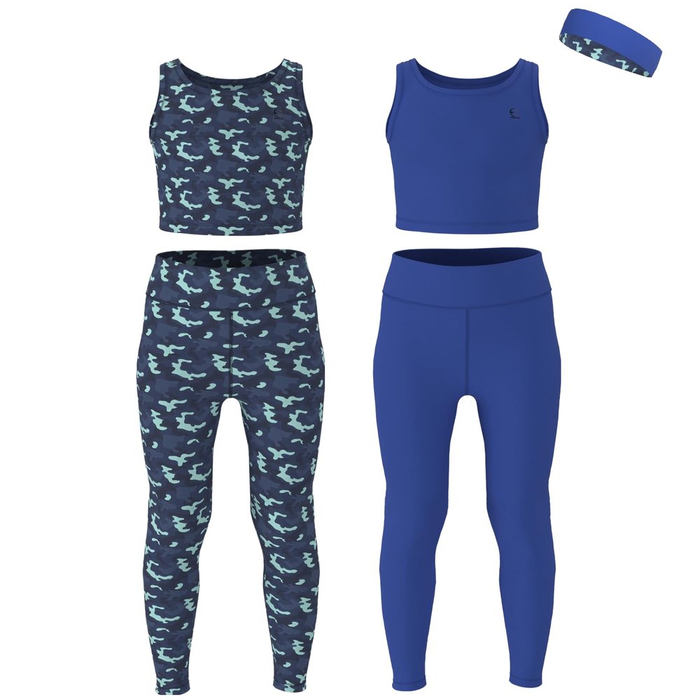 Essenclo Girls Athletic Leggings Yoga Pants w/Sleeveless Crop Tank Tops for Kids Workout Cheer Dance Run Sizes 3-16, 5pc Set - E2110 - Set-10-7-8