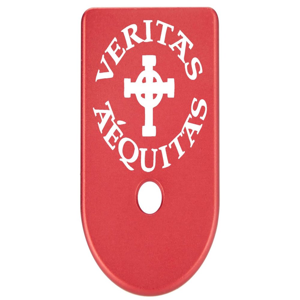 NDZ Performance Magazine Base Plate Finger Extension for Glock Gen 1-5 9mm 40 .357 SIG, Laser Engraved Red Anodized Aluminum Spiritual Images - Veritas Aequitas Bold