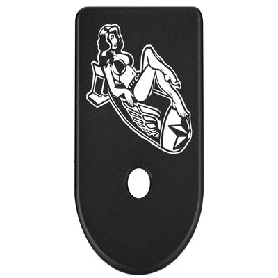 NDZ Performance Magazine Base Plate Finger Extension for Glock Gen 1-5 9mm 40 .357 SIG, Laser Engraved Black Anodized Aluminum Popular Images - Bomb Pinup Girl 1