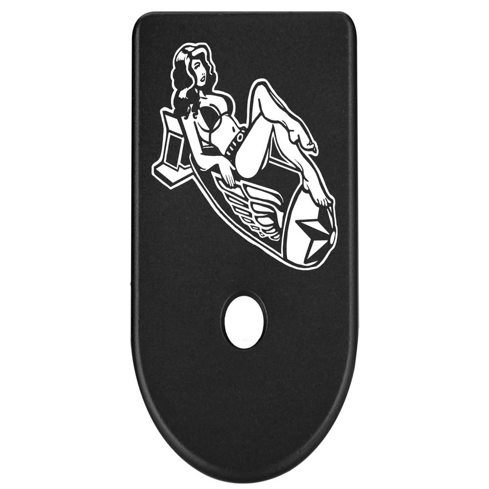 NDZ Performance Magazine Base Plate Finger Extension for Glock Gen 1-5 9mm 40 .357 SIG, Laser Engraved Black Anodized Aluminum Popular Images - Bomb Pinup Girl 1