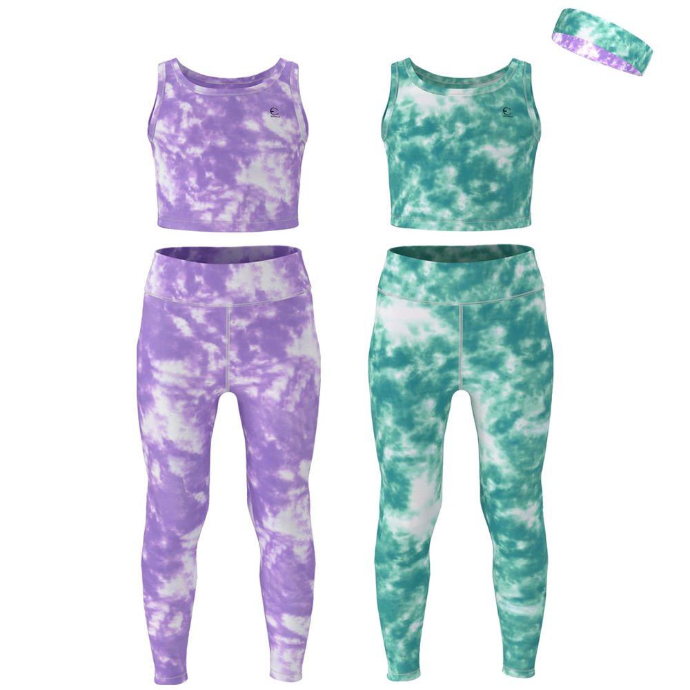 Essenclo Girls Athletic Leggings Yoga Pants w/Sleeveless Crop Tank Tops for Kids Workout Cheer Dance Run Sizes 3-16, 5pc Set - E2110 - Set-2-13-14