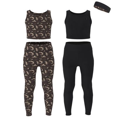 Essenclo Girls Athletic Leggings Yoga Pants w/Sleeveless Crop Tank Tops for Kids Workout Cheer Dance Run Sizes 3-16, 5pc Set - E2110 - Set-8-9-10