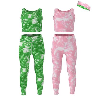 Essenclo Girls Athletic Leggings Yoga Pants w/Sleeveless Crop Tank Tops for Kids Workout Cheer Dance Run Sizes 3-16, 5pc Set - E2110 - Set-1-9-10