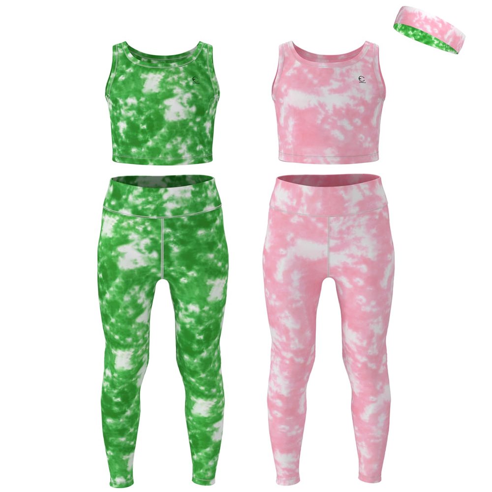 Essenclo Girls Athletic Leggings Yoga Pants w/Sleeveless Crop Tank Tops for Kids Workout Cheer Dance Run Sizes 3-16, 5pc Set - E2110 - Set-1-9-10