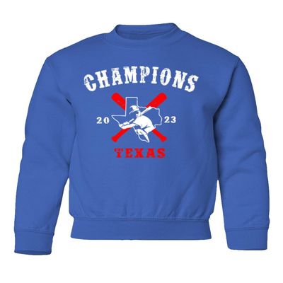 Baseball Champions 2023 Texas State Map Crossed Bats Youth Crewneck Sweatshirt (Royal, Youth X-Large)