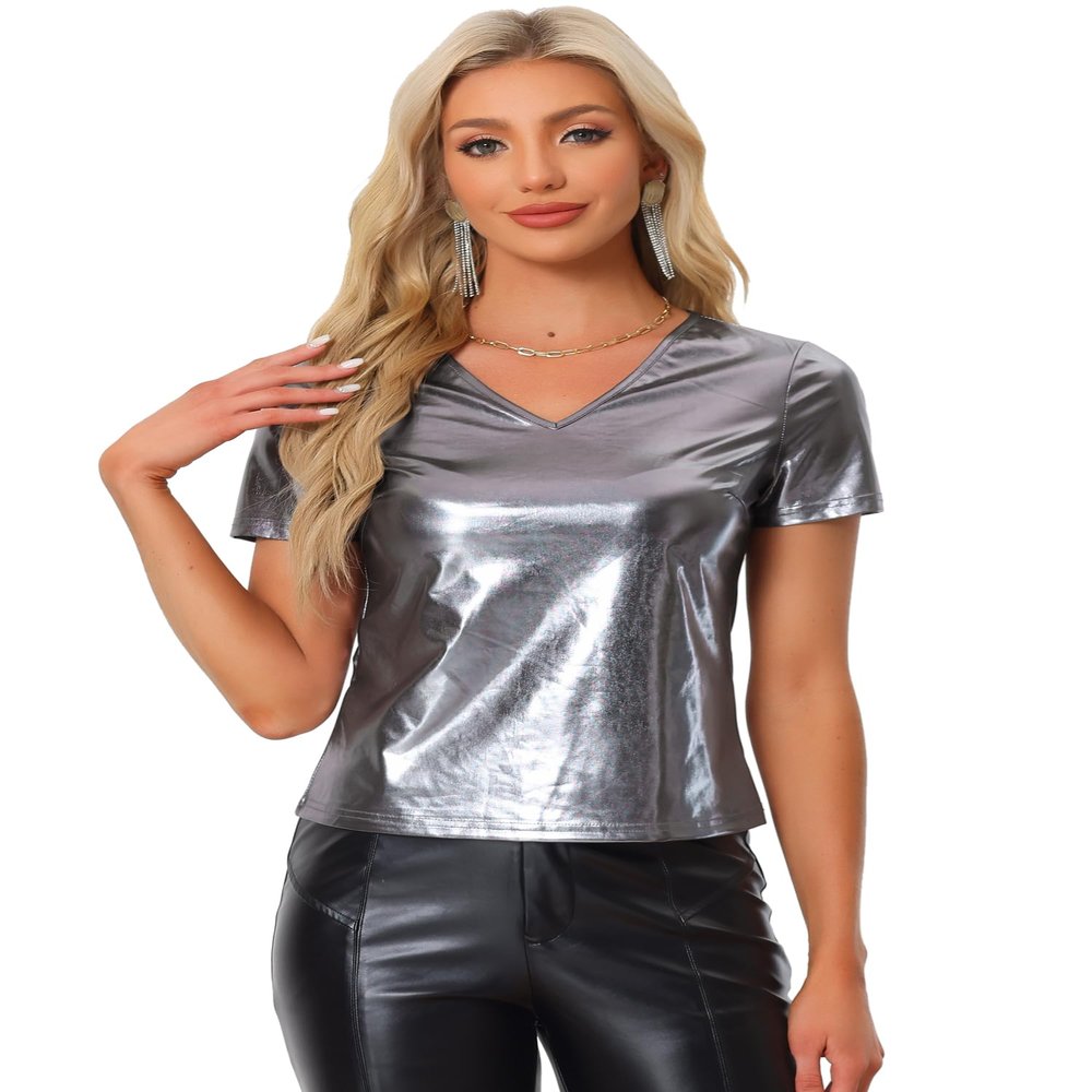 Allegra K Halloween Party Tops for Women's V Neck Short Sleeve Glitter Shiny Metallic Top X-Small Dark Silver