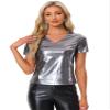Allegra K Halloween Party Tops for Women's V Neck Short Sleeve Glitter Shiny Metallic Top X-Small Dark Silver view 1