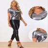 Allegra K Halloween Party Tops for Women's V Neck Short Sleeve Glitter Shiny Metallic Top X-Small Dark Silver view 2