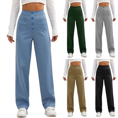 midelxp Straight Leg Trousers Pants for Women High Waisted Button Down Stretchy Business Work Pants with Multiple Pockets Elastic Waisted Business Casual Pants for Women Petite Pants for Women