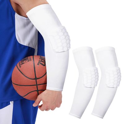 SUJAYU Padded Arm Sleeve Volleyball Arm Sleeves, 2 Pack Honeycomb Elbow Pads Elbow Braces, Football Baseball Basketball Sleeves (White, L)