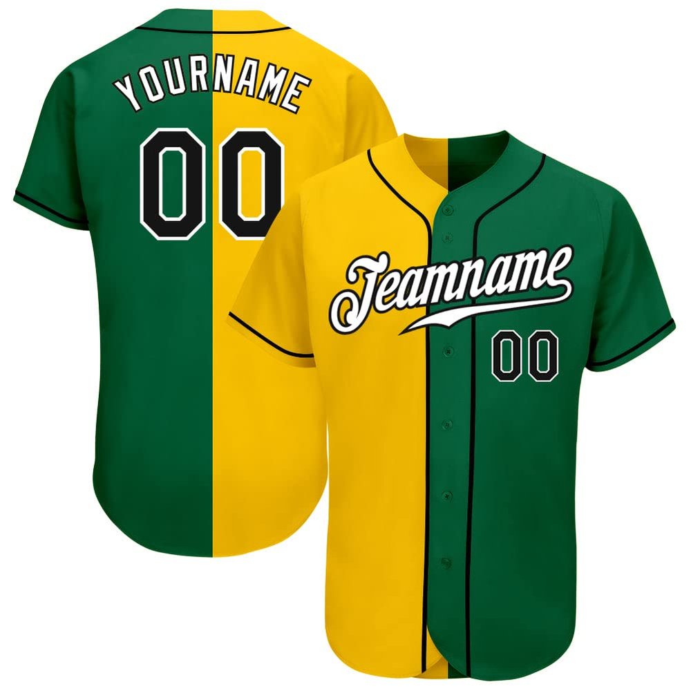 Custom Name Team Number Personalized Kelly Green Black-Yellow Authentic Split Fashion Active Baseball Jersey for Men Women Youth, Personalized Team Name Number Button Down Baseball Team Shirts