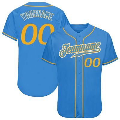 Custom Personalized Powder Blue Gold-White Authentic Active Baseball Jersey for Men and Women, Team Name Number Button Down Women'S Baseball Jersey