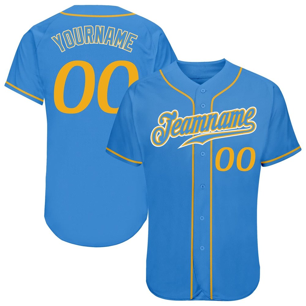 Custom Personalized Powder Blue Gold-White Authentic Active Baseball Jersey for Men and Women, Team Name Number Button Down Women'S Baseball Jersey