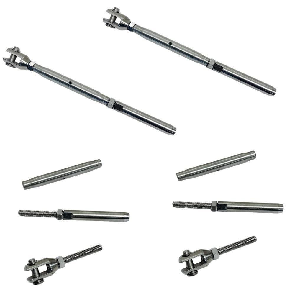 DBMIMPORTERS Marine 3/8" Thread Fork Swage Stud Turnbuckle 1/4" Cable Stainless Steel 4 Pcs