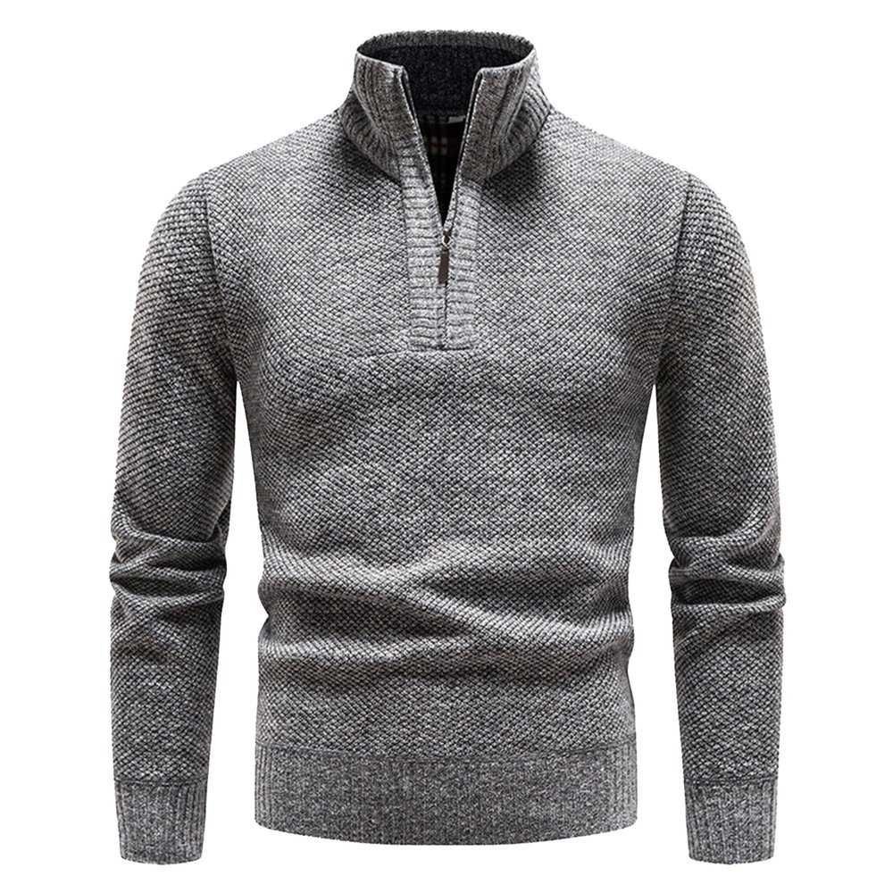 Maiyifu-GJ Men's Long Sleeve Fleece Quarter-Zip Sweater Casual Pullover Ribbed Knit Male Slim Knitted Wool Sweaters (Large,Light Gray 1)