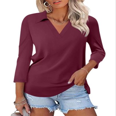 ORANDESIGNE Women's 3/4 Sleeves V Neck Polo Shirts Casual Summer Tops Basic Collar Cute Tees Wine Red