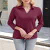 ORANDESIGNE Women's 3/4 Sleeves V Neck Polo Shirts Casual Summer Tops Basic Collar Cute Tees Wine Red view 3