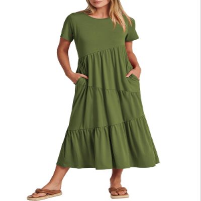 ANRABESS Women Summer Maxi Dress Short Sleeve Swing Casual Asymmetric Tiered Vacation Long Beach Sundress Outfits Army Green Small