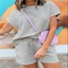 Dokotoo Workout Sets for Women Short Sleeve Sweatshirts Sweatpants with Pockets Summer Outfits 2025 Spring Casual Cute Valentines Pajamas for Women Grey Small view 2