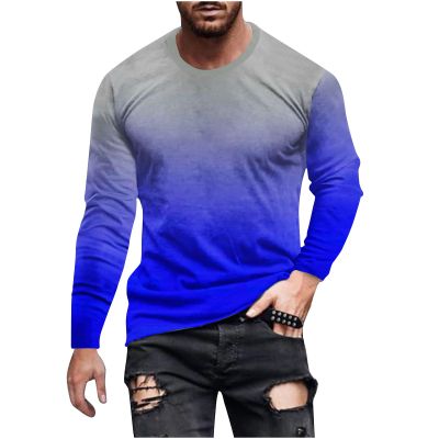 2023 Men Mens Long Sleeve Shirts Casual Gradient Color Loose Pullover Graphic Tee Shirts Fall Fashion Athletic Sweatshirts Heavyweight Long Sleeve t Shirts for Men Blue 4X