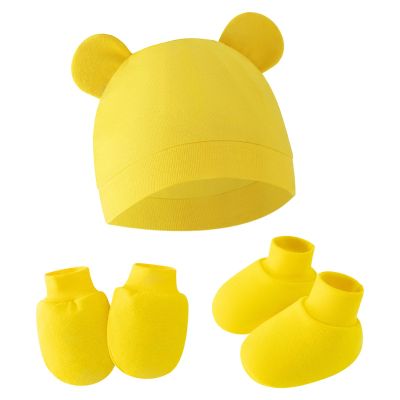 Baby Ears Newborn Hats Mittens and Socks Set for Boys Girls Hat 0 6 Month Infant Winter eanie Mitten Set (Yellow, One Size)
