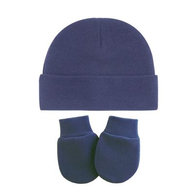 Newborn Cotton ospital Hat Mittens Baby eanie Solid Infant Baby Hats and No Scratch Mitten Soft Gloves (Navy, One Size)