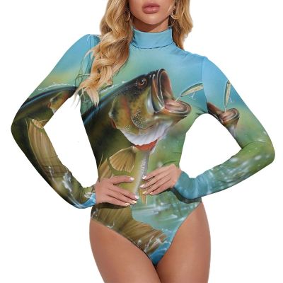 Bass Fishing Women's Long Sleeve Bodysuit Turtleneck Tops Stretch Jumpsuit T Shirts M