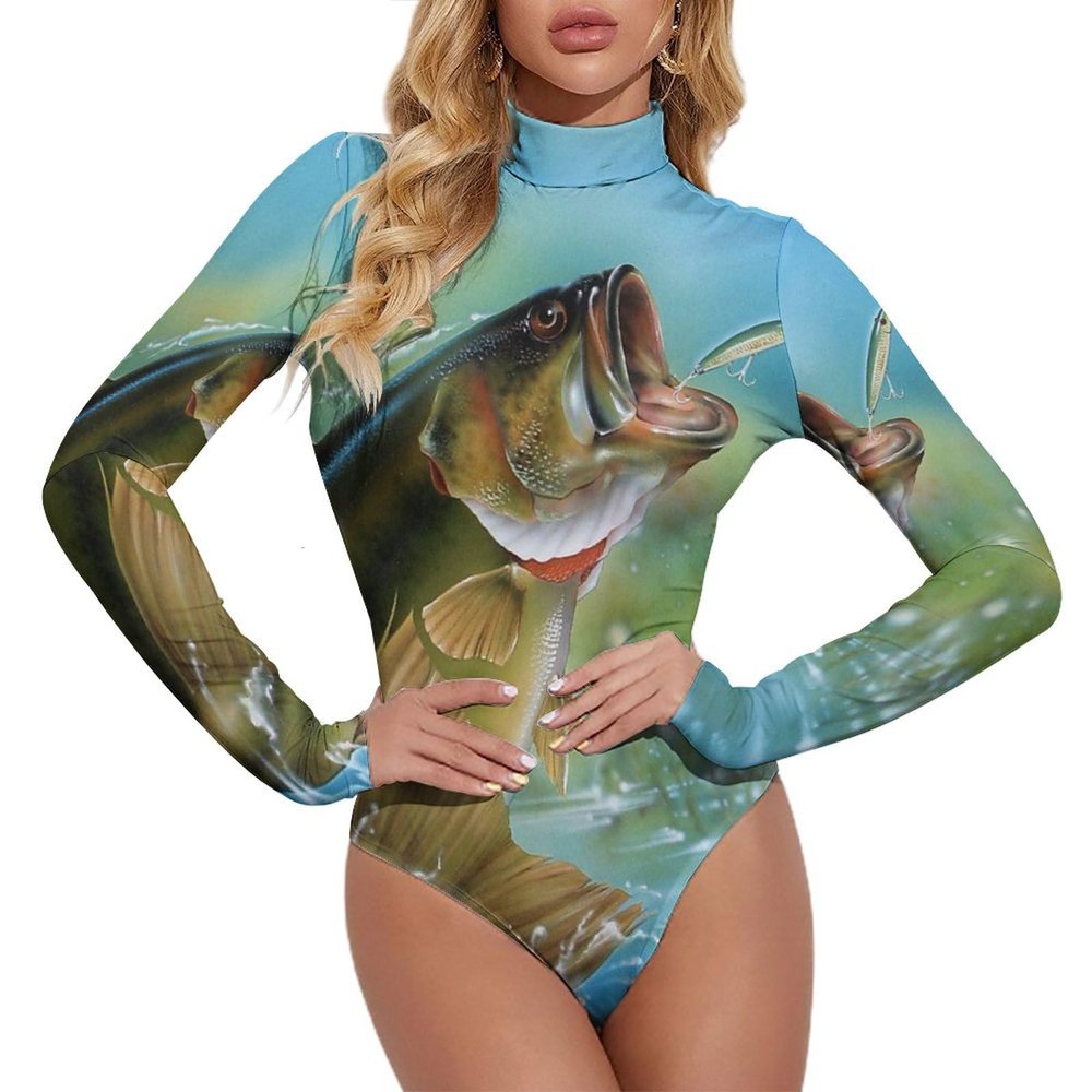 Bass Fishing Women's Long Sleeve Bodysuit Turtleneck Tops Stretch Jumpsuit T Shirts M