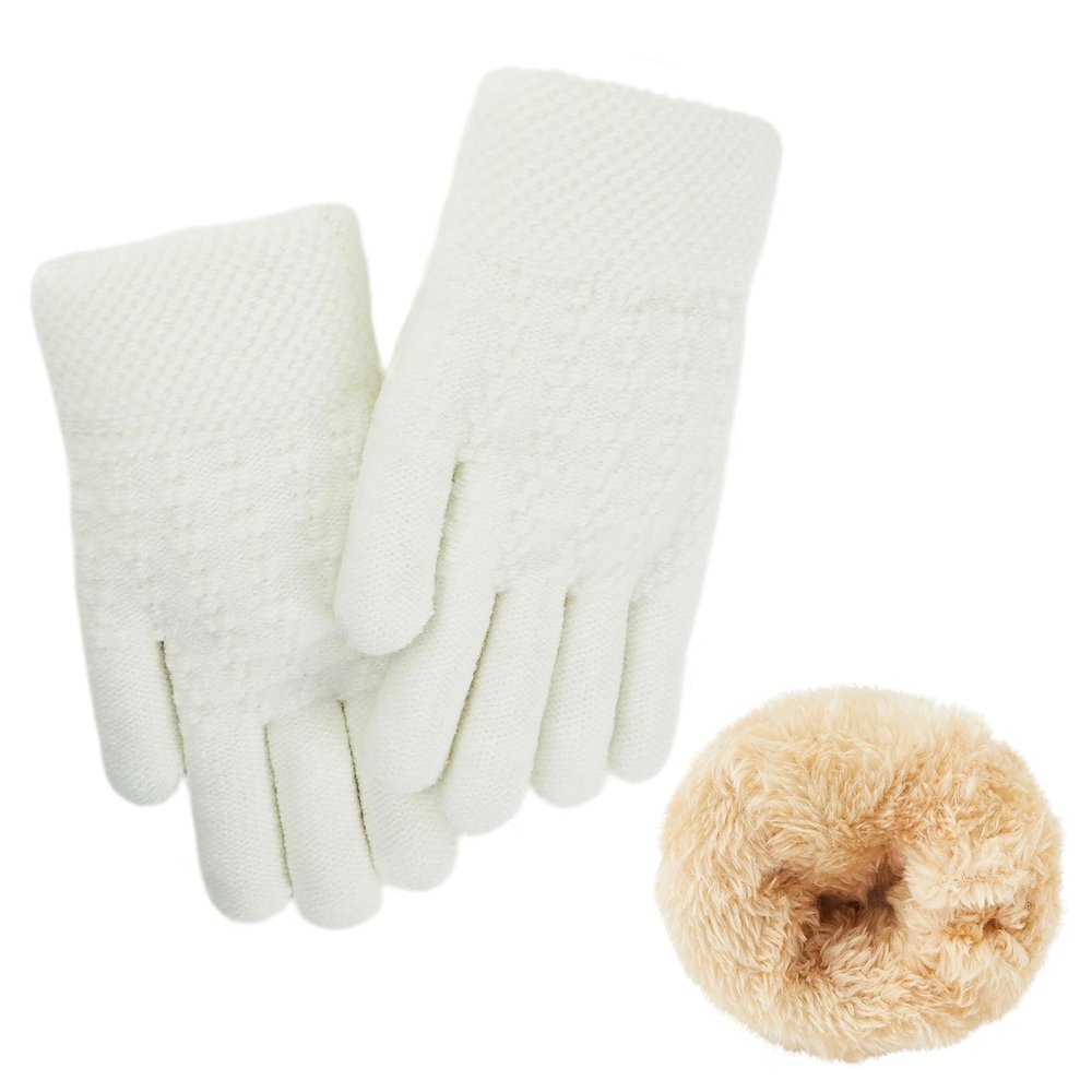 Century Star Kids White Winter Warm Gloves for Boys Girls Knitted Gloves Thermal Fleece Lined Mittens 1 Pair White 5-8 Years
