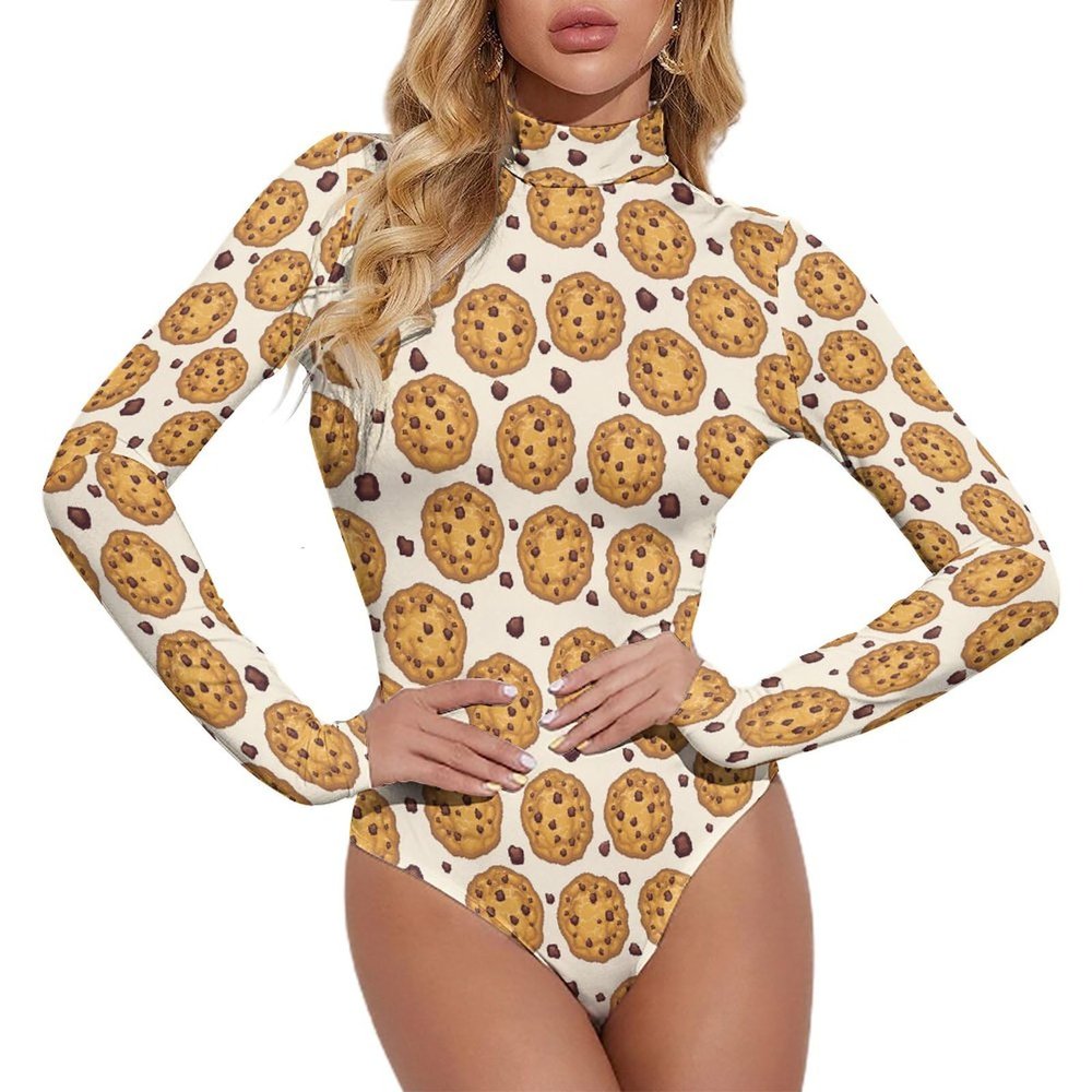 Chocolate Biscuits Cookies Women's Long Sleeve Bodysuit Turtleneck Tops Stretch Jumpsuit T Shirts L