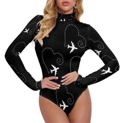 Airplane Heart Women's Long Sleeve Bodysuit Turtleneck Tops Stretch Jumpsuit T Shirts 2XL