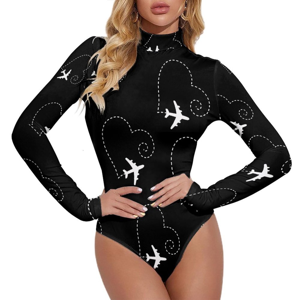 Airplane Heart Women's Long Sleeve Bodysuit Turtleneck Tops Stretch Jumpsuit T Shirts 2XL