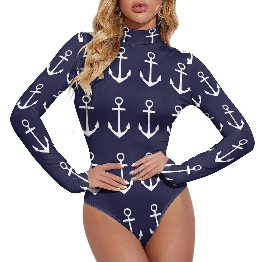 Nautical Navy Blue Anchor Women's Long Sleeve Bodysuit Turtleneck Tops Stretch Jumpsuit T Shirts 2XL