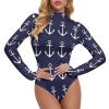 Nautical Navy Blue Anchor Women's Long Sleeve Bodysuit Turtleneck Tops Stretch Jumpsuit T Shirts 2XL view 1