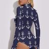 Nautical Navy Blue Anchor Women's Long Sleeve Bodysuit Turtleneck Tops Stretch Jumpsuit T Shirts 2XL view 2