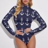 Nautical Navy Blue Anchor Women's Long Sleeve Bodysuit Turtleneck Tops Stretch Jumpsuit T Shirts 2XL view 3