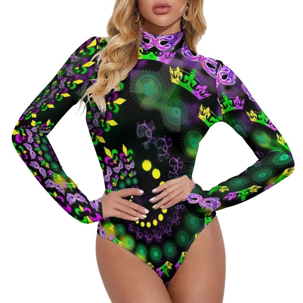 Endless Mardi Gras Vortex Women's Long Sleeve Bodysuit Turtleneck Tops Stretch Jumpsuit T Shirts L