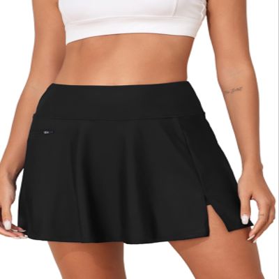 Aleumdr Women's 3" High Waisted Swim Skirt with Side Pocket Swim Skorts Tummy Control Swim Bottoms Side Split with Built-in Brief Black Small