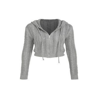 CIDER Womens Hooded Zipper Hollow Out Knit Cardigan: Grey, XL