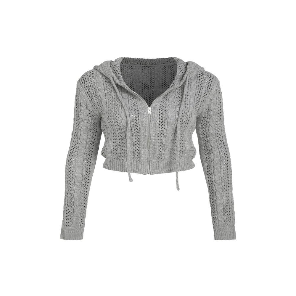 CIDER Womens Hooded Zipper Hollow Out Knit Cardigan: Grey, XL